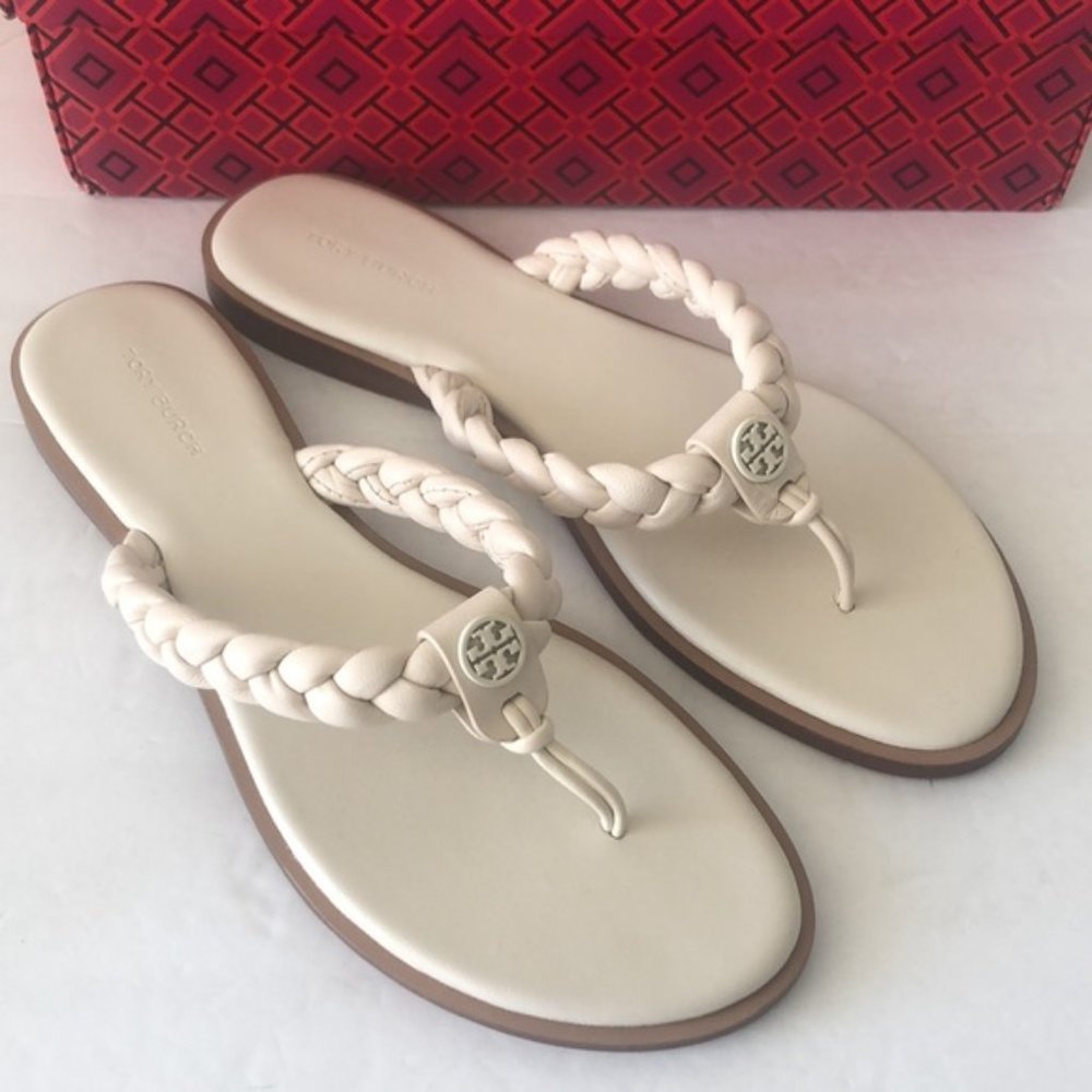 Tory Burch Ivory White Thong Braided Benton Sheep Plume Nappa Leather Sz.9